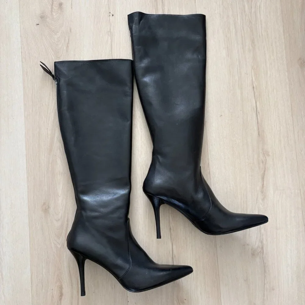 Stuart Weitzman Sohot Pointed Toe Tall Leather Boots Black Size 11.5 - Picture 2 of 16